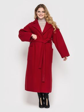 Кашемировое женское пальто батал с поясом бордовое, 48-50