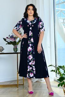 Красивое женское платье в больших размерах темно-синее, 74