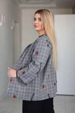Жіночий піджак батал легкий у клітинку з вишивкою троянди, 50-52