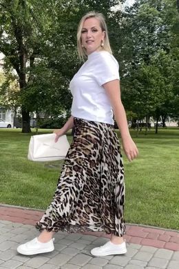 Жіноча спідниця батал атласна плісирована з леопардовим принтом, 48