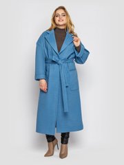 Модное кашемировое пальто батал с карманами цвета деним, 48-50