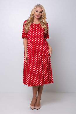 Платье в горошек батальное красное свободное с поясом, 54-56