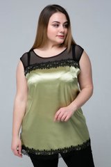 Оливковая блуза из атласа для полных женщин, 54