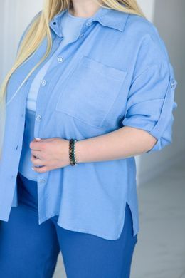 Жіноча сорочка великих розмірів з жатого льону блакитна, 50-52