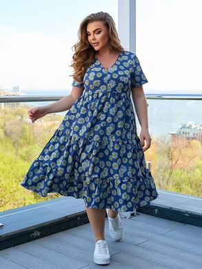 Повседневное платье батал с ромашками синее, 50-52
