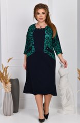 Осеннее платье для полных женщин темно-синее с зеленой отделкой, 54