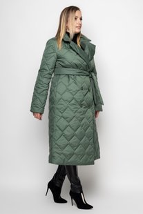 Удобное двубортное пальто для полных с поясом стеганое зеленое, 50