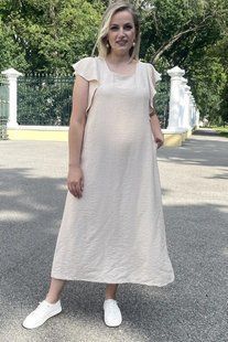 Жіноча сукня батал літня з жатого льону вільна довжина міді кремовий колір, 50