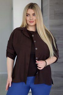Жіноча сорочка батал вільна з жатого льону-бохо шоколадного кольору, 50-52