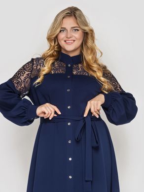 Плаття-сорочка ошатне батал синього кольору з мереживом, 52