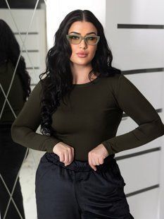 Теплый женский лонгслив для полных однотонный хаки, 46-48